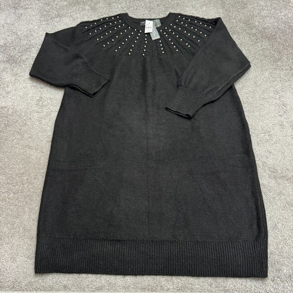 Lane Bryant Beaded Neck Knit Sweater Dress Womens 18/20 Long Sleeve Black Ribbed
